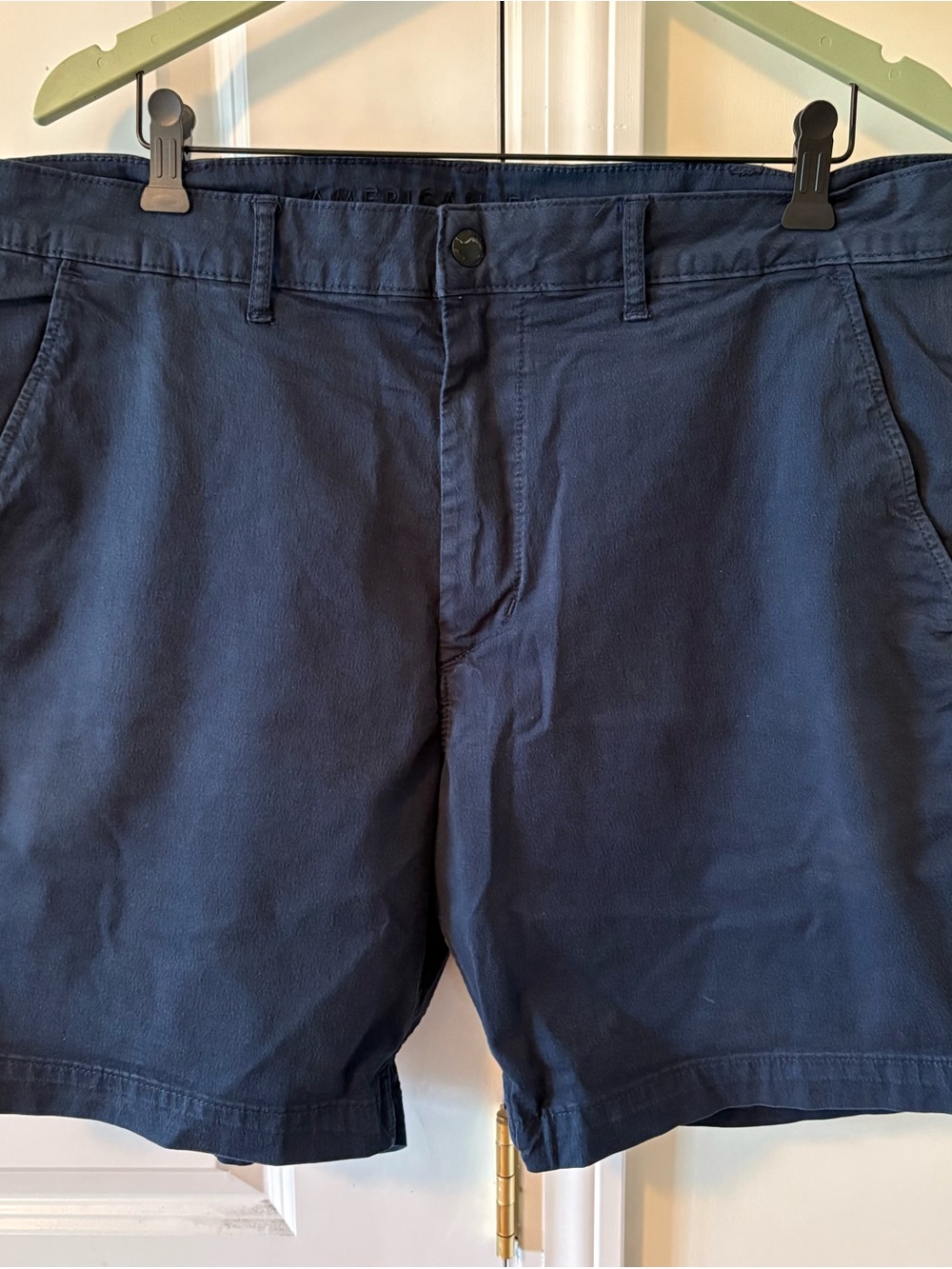 American Eagle Outfitters Navy Tech Twill Flat-Front Cotton Shorts 7”